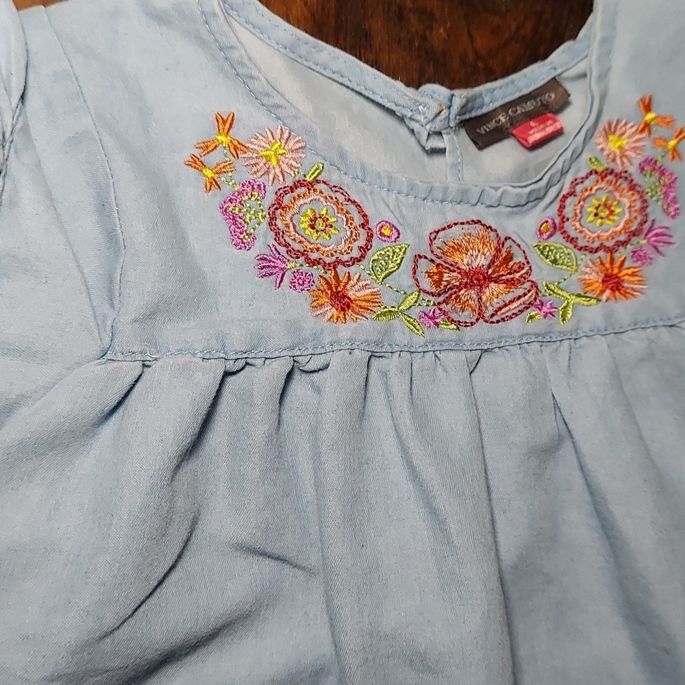 Little Girls Denim Chambray Floral Embroidered Ruffled Sleeve Summer Top - Picture 2 of 5